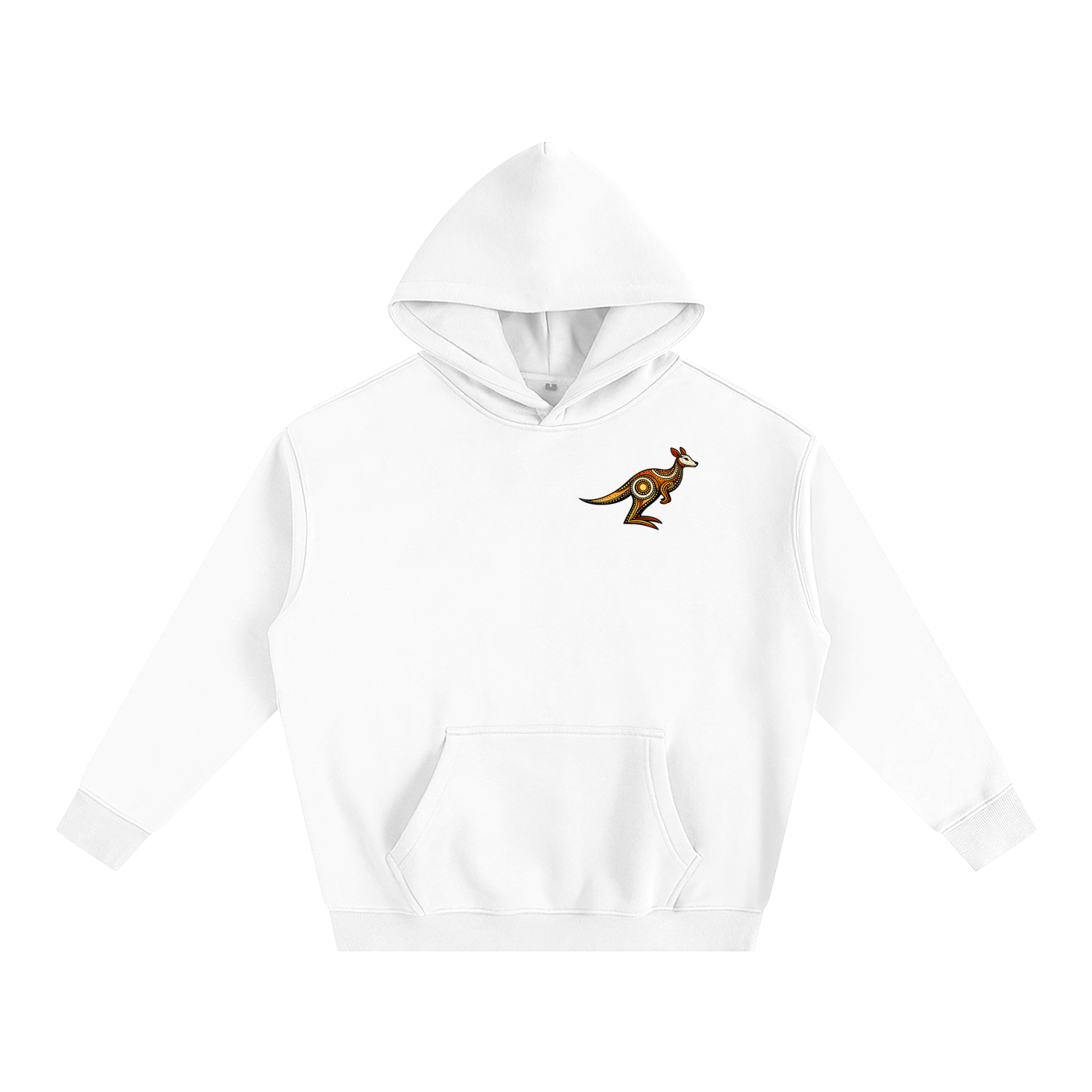 White hoodie with a kangaroo logo on a white background
